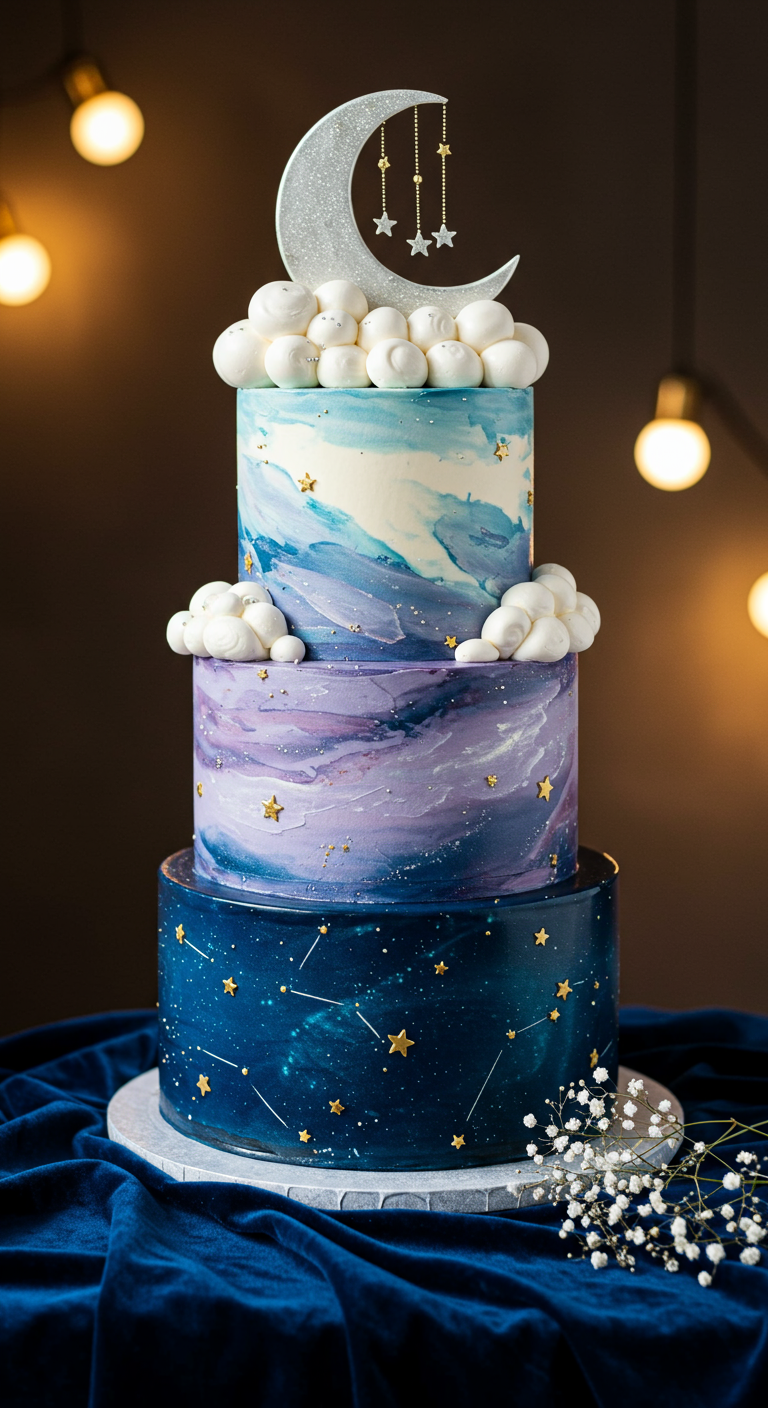 Dreistöckige Galaxie-Torte mit Marmor-Effekt, Sternen, Wolken und Mond-Topper.