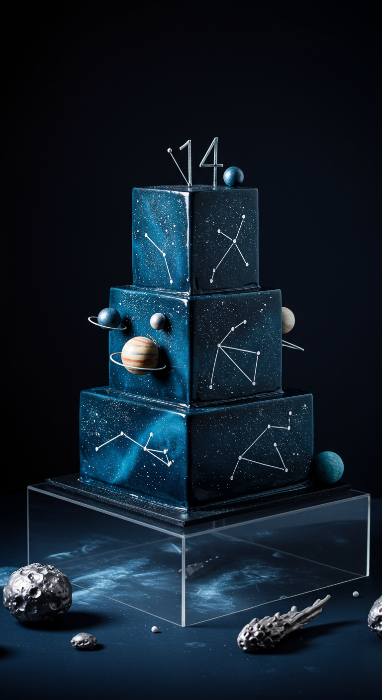 Dreistöckige dunkelblaue Galaxie-Torte mit Sternbildern und Planeten.