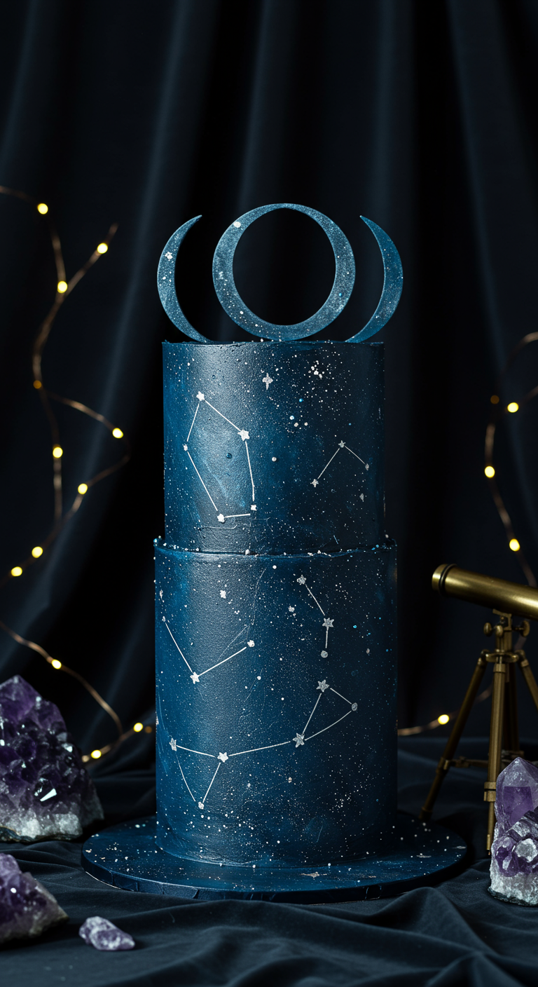 Zweistöckige dunkelblaue Galaxie-Torte mit Sternbildern und Mond-Topper.