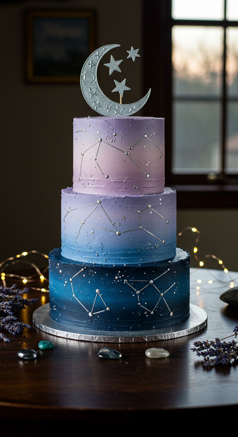 Dreistöckige Galaxie-Torte mit Sternbildern und Mond-Topper.