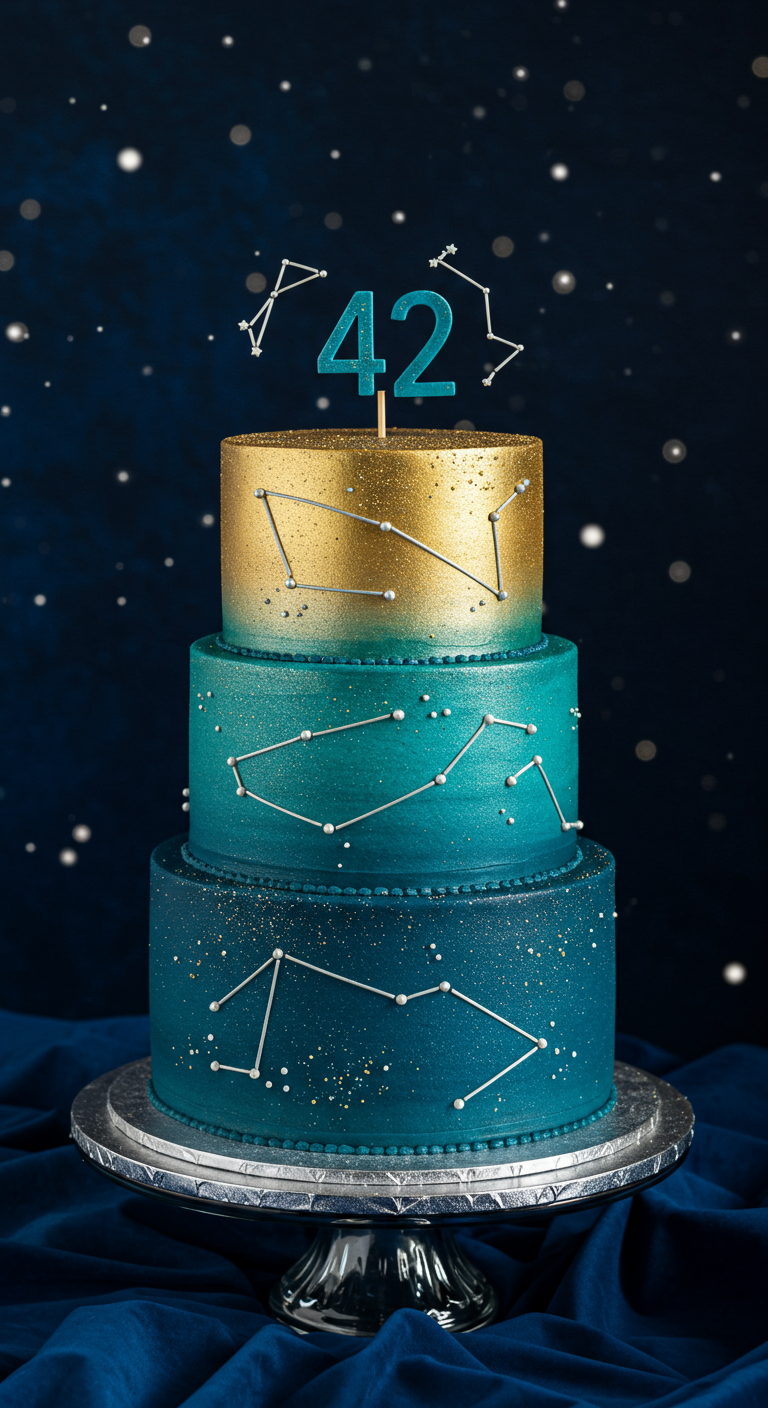 Dreistöckige Galaxie-Torte in Blau- und Goldtönen mit Sternbildern und Zahl 42.