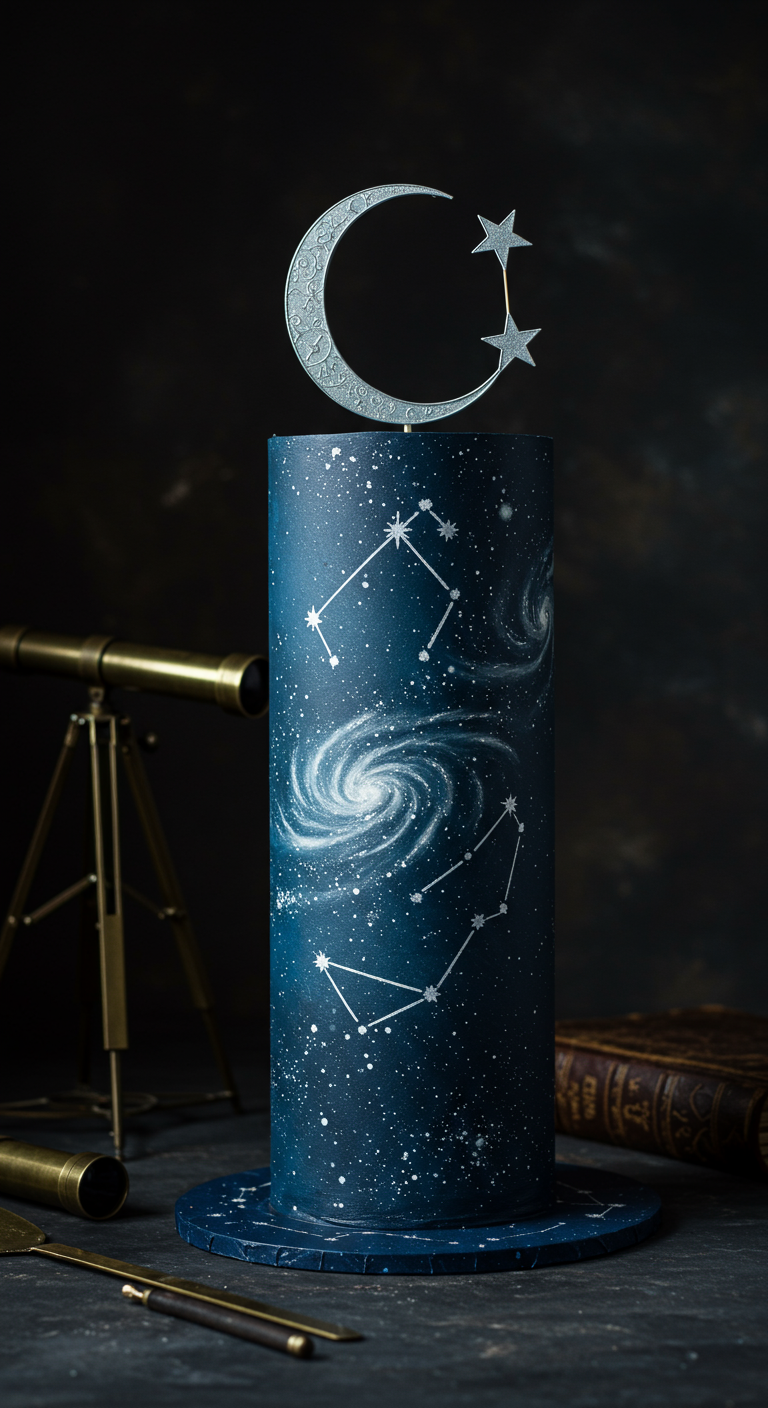 Hohe, zylindrische, dunkelblaue Torte mit Sternbildern und silbernem Mond-Topper.
