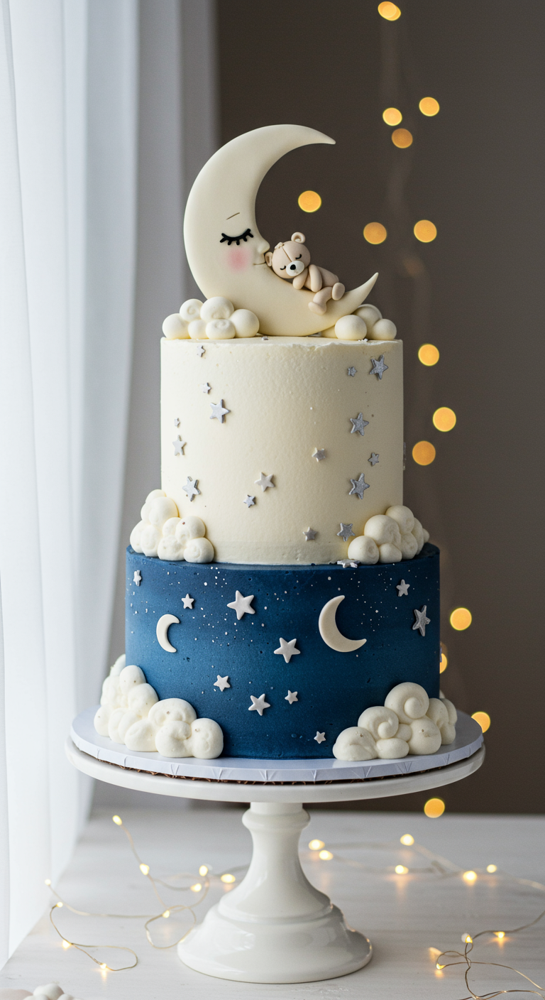 Zweistöckige Torte mit schlafendem Mond, Sternen und Wolken, dunkelblau und weiß.