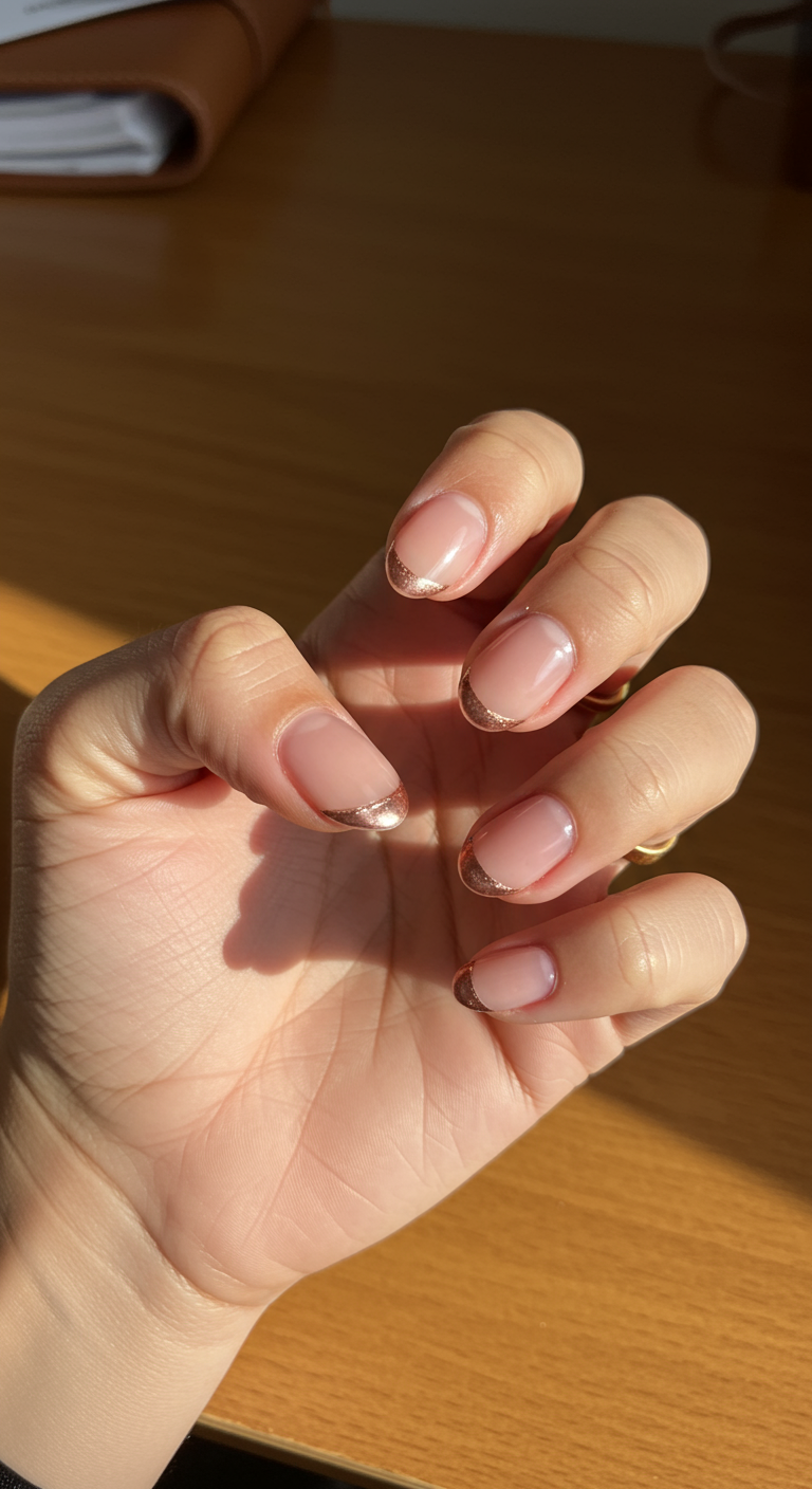 Kurze ovale Nägel mit Roségold-Glitzer French-Tips.