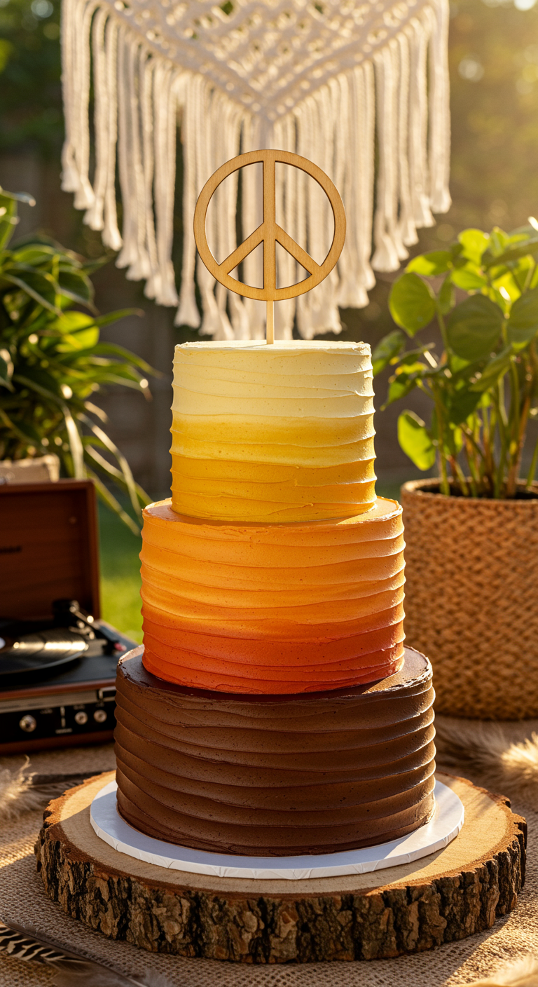 Dreistöckige Torte mit Sonnenuntergangs-Ombré in Orange-Gelb-Braun und Peace-Zeichen.