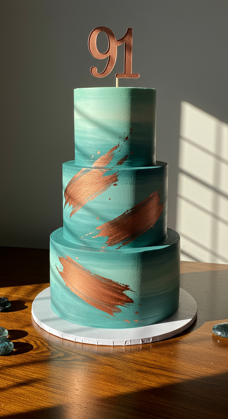 Türkisfarbene dreistöckige Torte mit Kupfer-Pinselstrichen und Zahl 91.