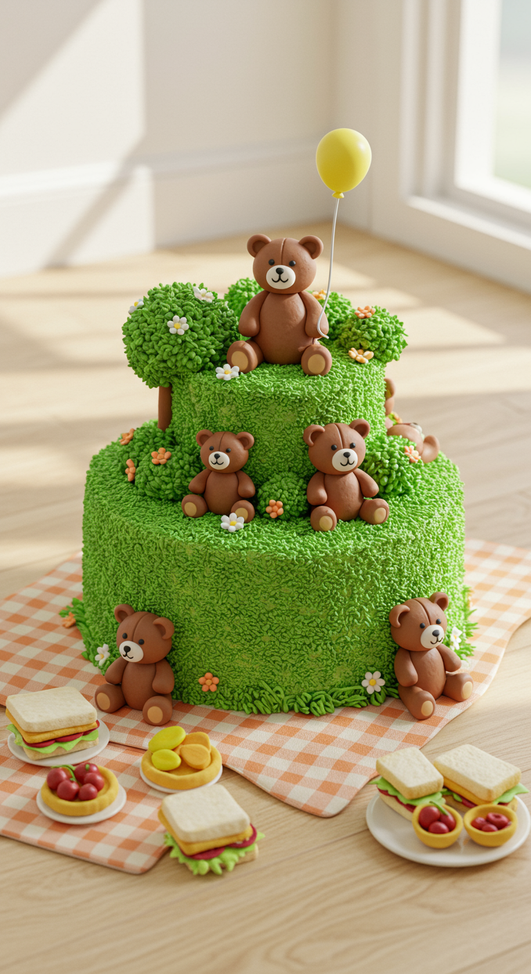 Grüne Torte mit Marzipan-Teddys beim Picknick, kleine Sandwiches daneben.
