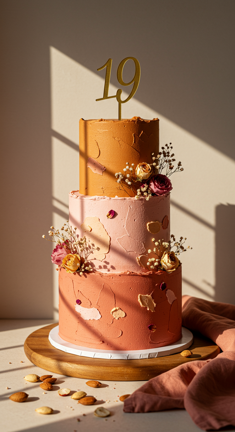 Dreistöckige Torte in Terrakotta-Tönen mit strukturierter Buttercreme und Trockenblumen.