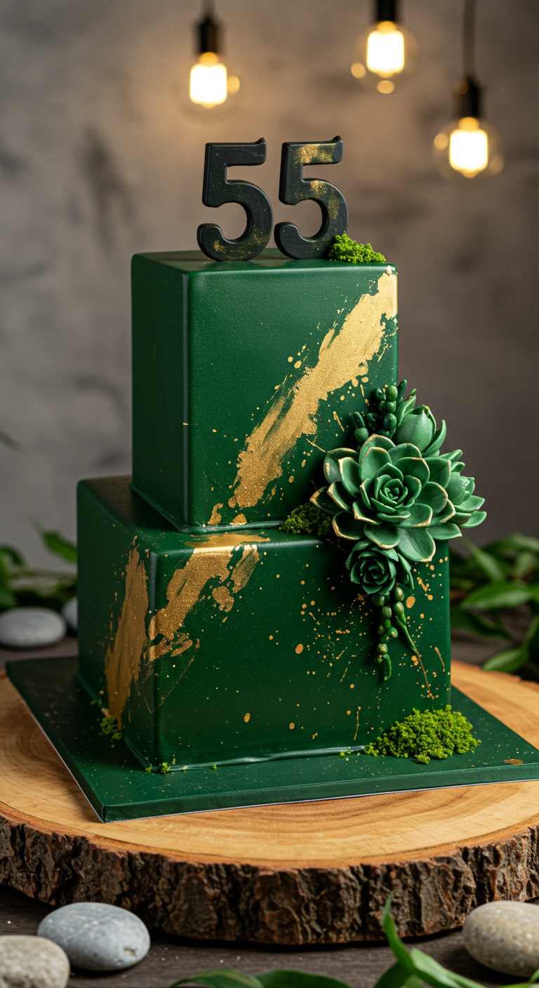Zweistöckige, quadratische dunkelgrüne Torte mit Gold-Splash und Sukkulente.