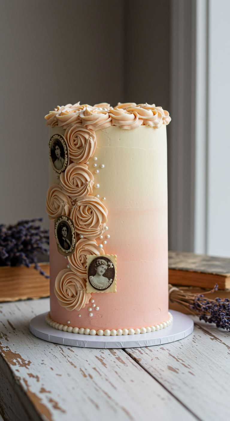 Hohe, zylindrische Torte mit rosa-creme Ombré-Buttercreme und Vintage-Fotomedallions.