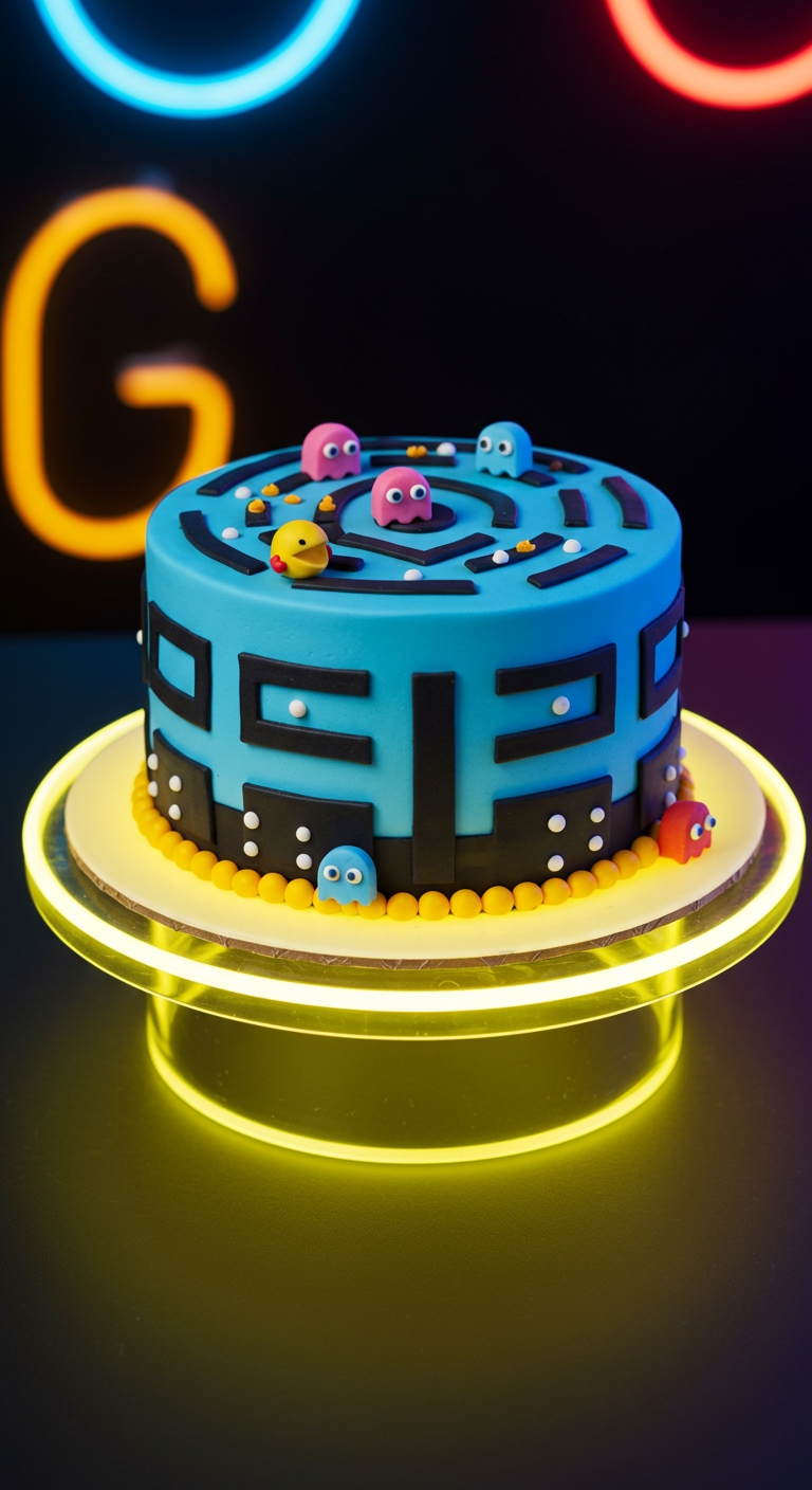 Runde blaue Pac-Man Torte mit gelben Punkten, Pac-Man und Geistern auf leuchtendem Tortenständer
