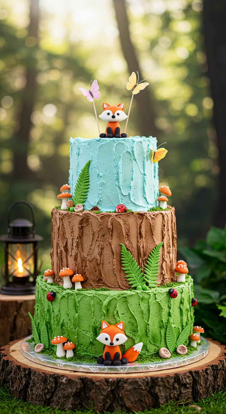 Dreistöckige Wald-Torte mit Füchsen, Pilzen und Blättern