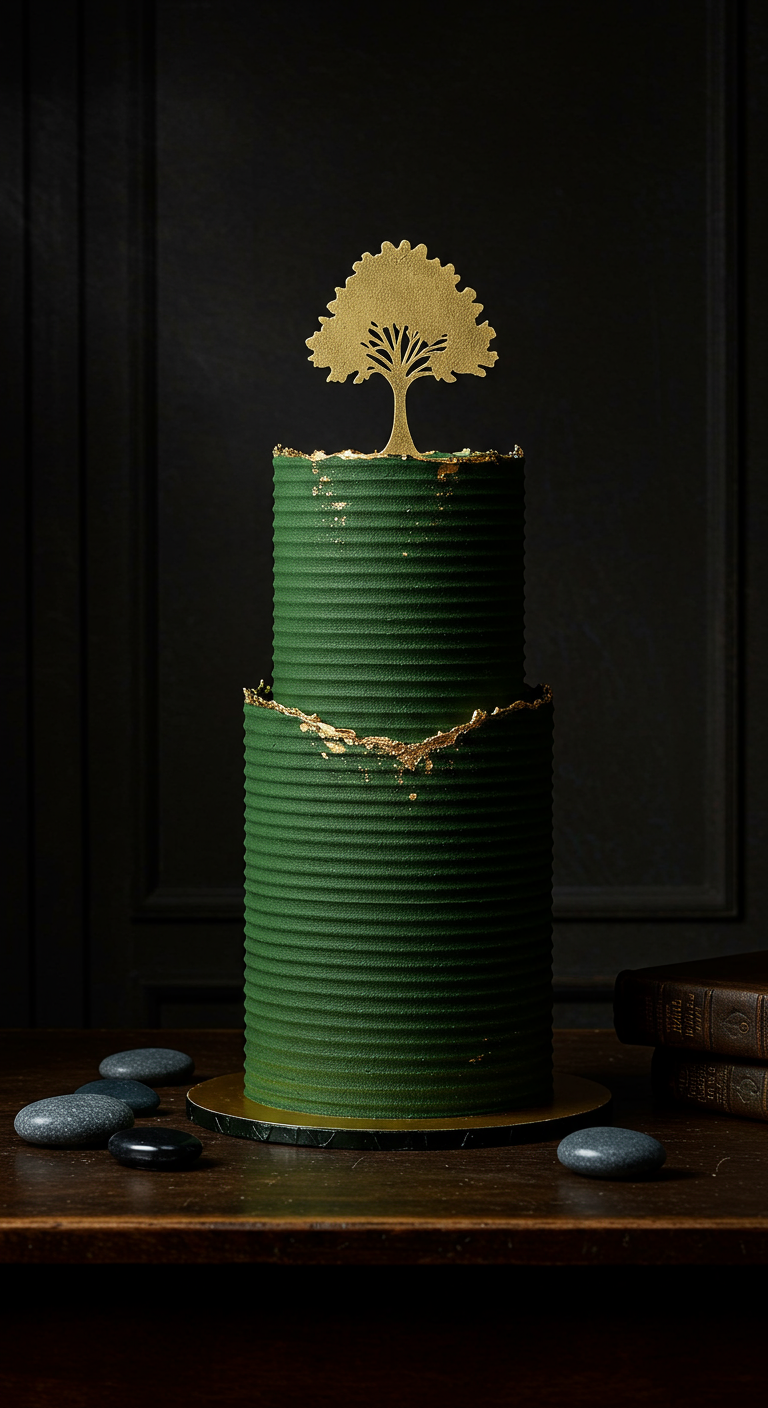 Dunkelgrüne Torte mit Rillenstruktur, Gold und Baum-Topper.
