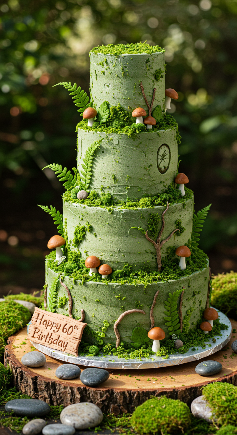 Mehrstöckige grüne Torte dekoriert mit Farnen, Moos und kleinen Pilzen.