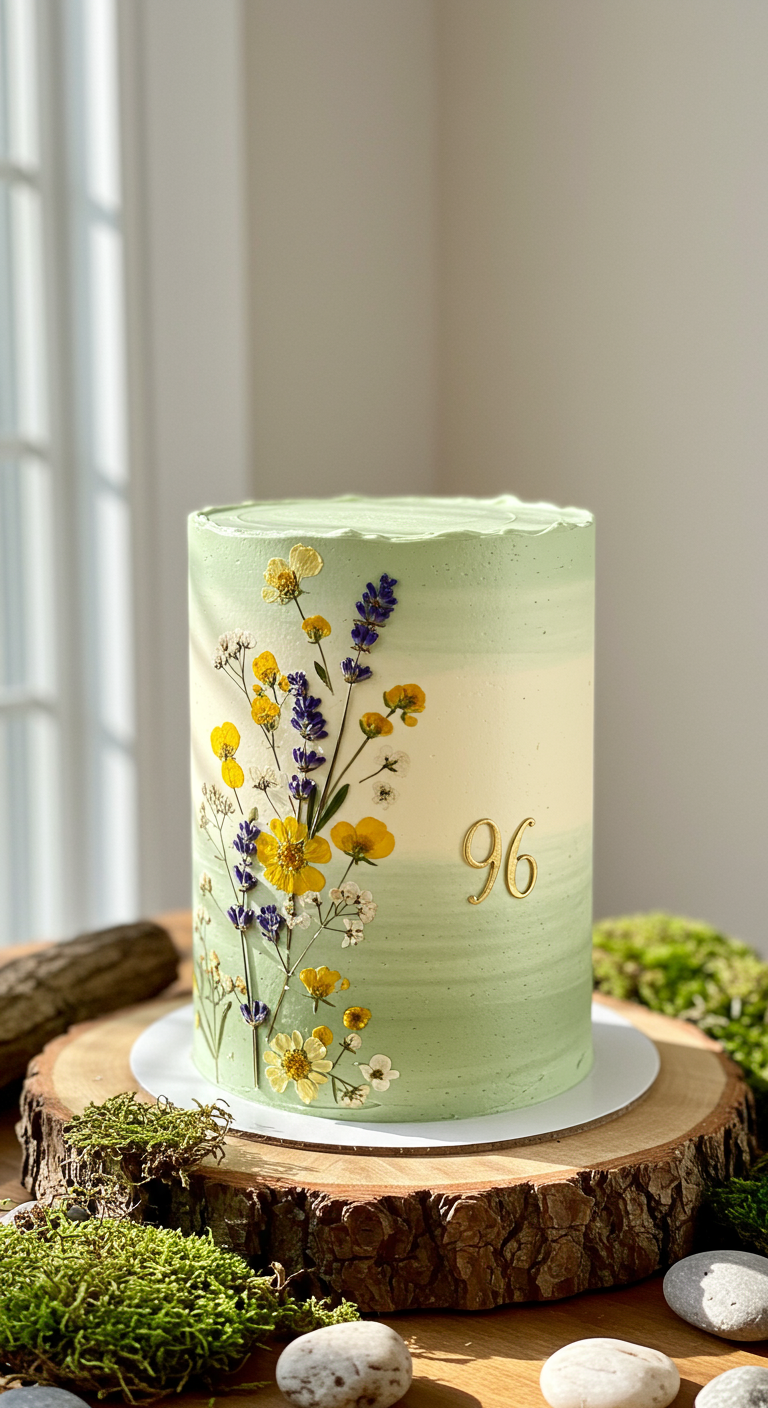 Hohe Torte mit grün-weißem Ombré und echten gepressten Wildblumen.