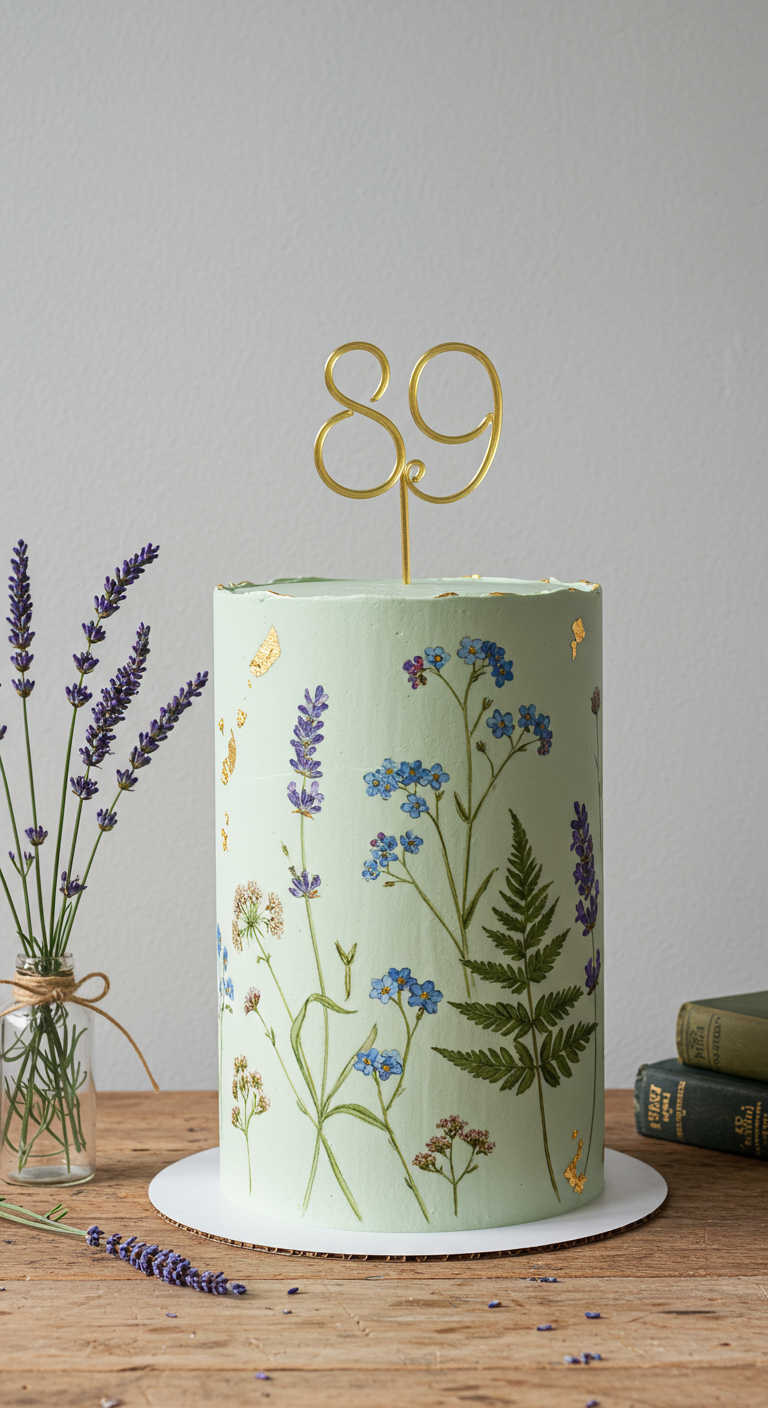 Mintgrüne Torte mit aufgemalten Wildblumen, Goldflocken und goldenem