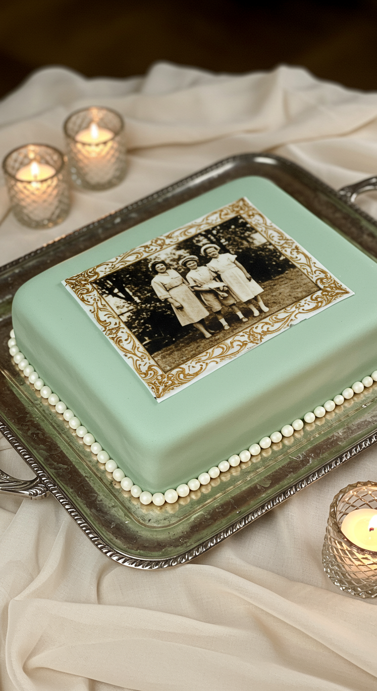 Mintgrüne Torte mit essbarem Foto in Goldrahmen und Perlenrand.