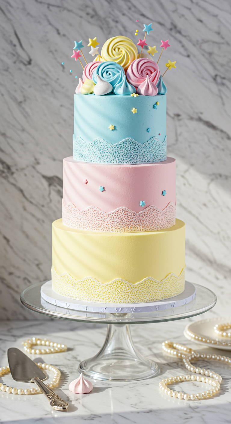 Dreistöckige Pastelltorte (blau, pink, gelb) mit essbarer Spitze und süßen Toppings.