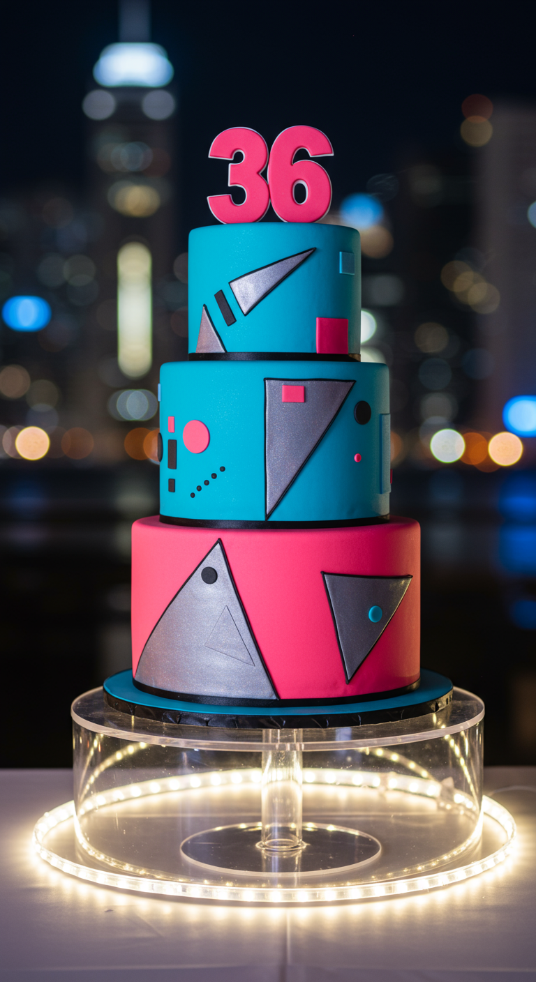 Dreistöckige Torte in Pink und Türkis mit geometrischen Formen und der Zahl 36.