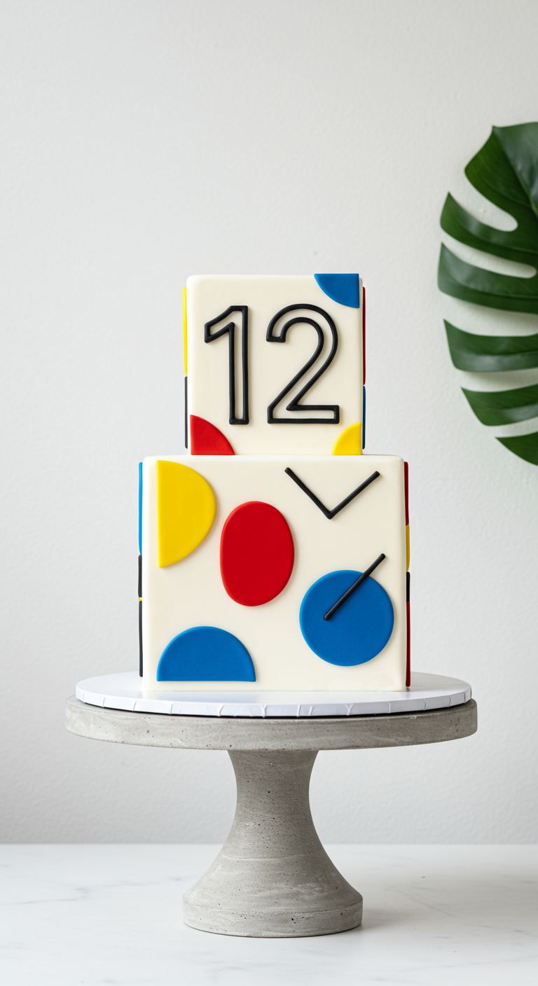 Zweistöckige weiße Torte mit abstrakten bunten Kreisen und schwarzen Linien, Zahl 12.