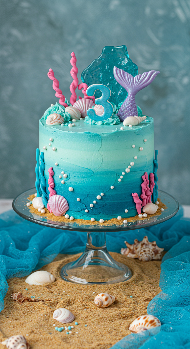 Türkis-blaue Meerjungfrauen-Torte mit Muscheln und Flosse.