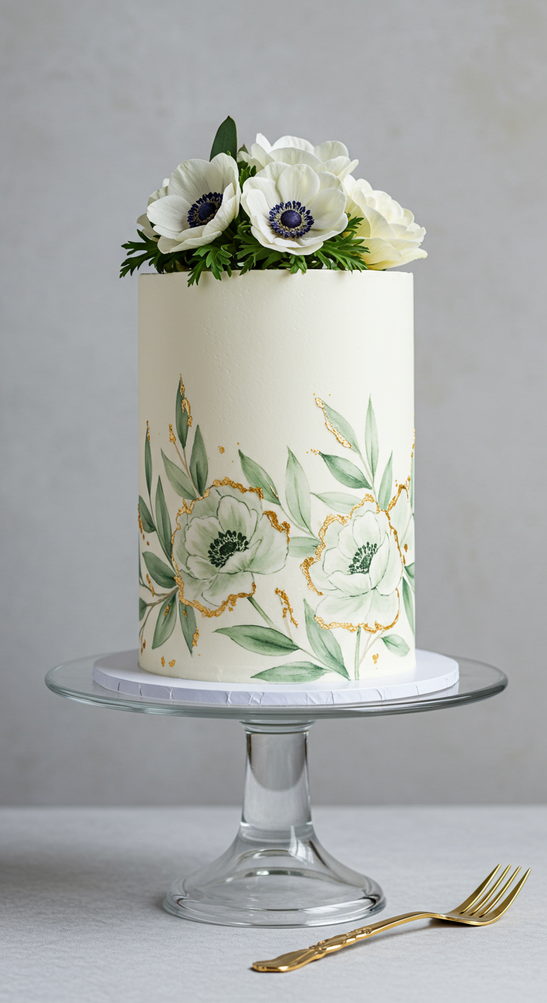 Hohe weiße Torte mit handgemalten grünen Blättern und weißen Blüten mit Goldakzenten.