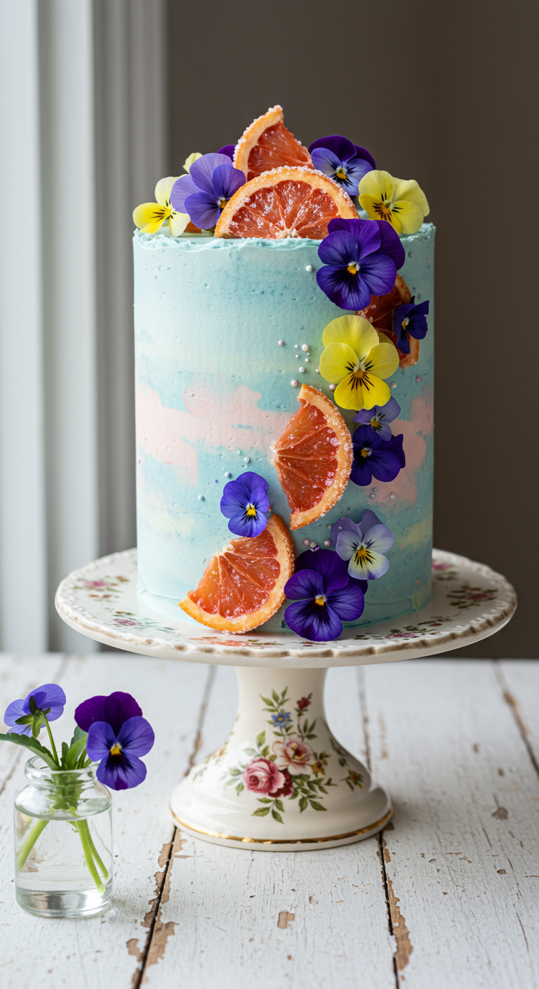 Hohe Torte mit blau-rosa Aquarell-Buttercreme, Hornveilchen und kandierten Grapefruitscheiben.