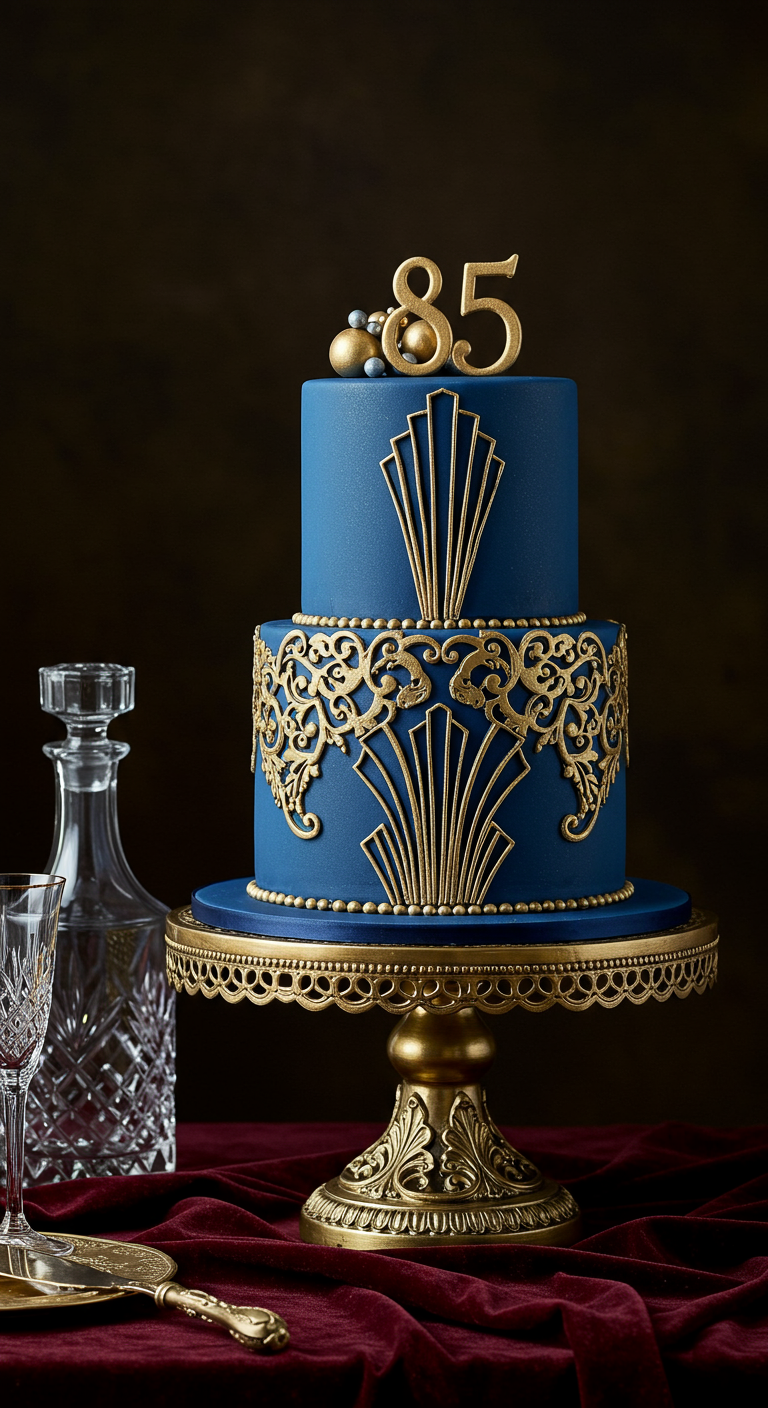 Zweistöckige dunkelblaue Torte mit goldenen Art-Déco-Mustern und 85-Topper.