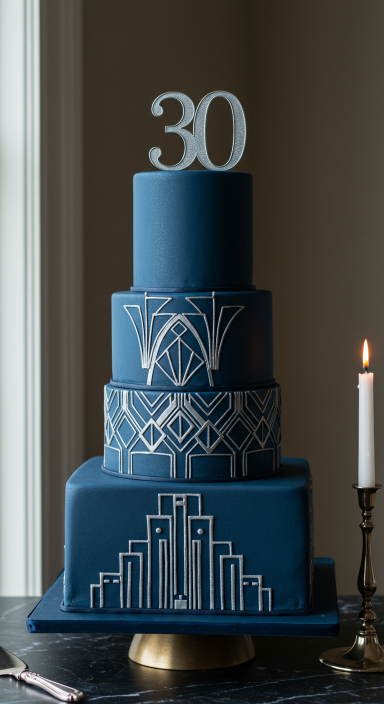Elegante blaue Art-Déco-Torte mit silbernen Mustern und Zahl „30“.