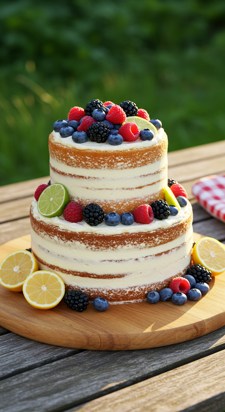 Naked Cake mit gemischten Beeren, Limetten- und Zitronenscheiben.