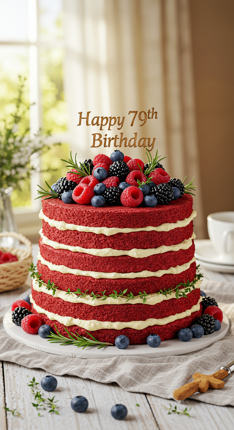 Mehrschichtiger Red Velvet Naked Cake mit Beeren und Rosmarin,
