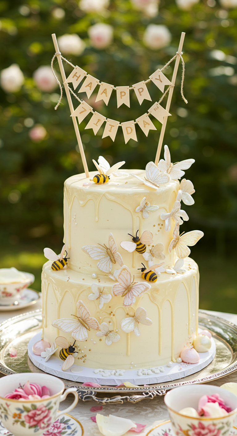Zweistöckige weiße Torte mit Schokodrip, Bienen, Schmetterlingen und Banner.