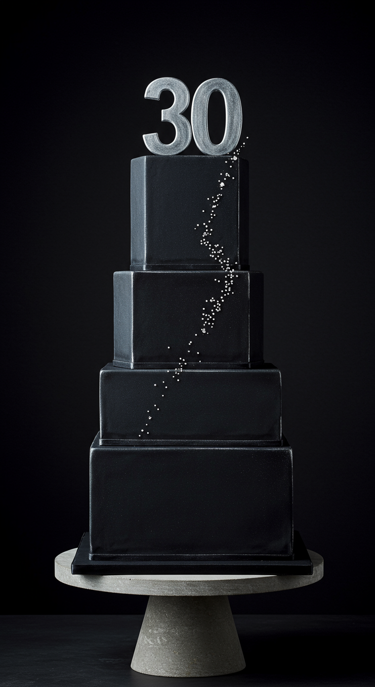 Mehrstöckige, quadratische, schwarze Torte mit Silber-Topper 
