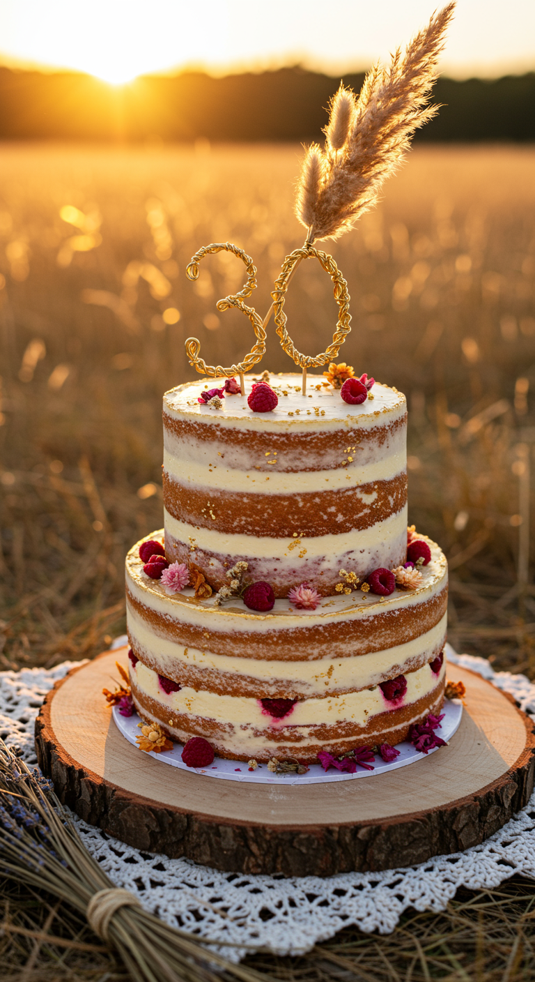 Zweistöckige Naked Cake mit Beeren, Blüten und 30-Topper im Sonnenuntergang.