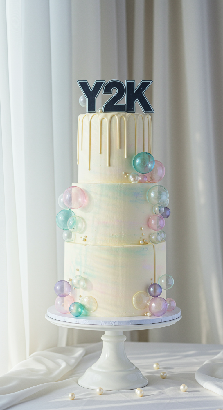 Hohe Y2K-Torte mit pastellfarbenen Buttercreme-Akzenten, Gelatine-Bubbles und Y2K-Topper.
