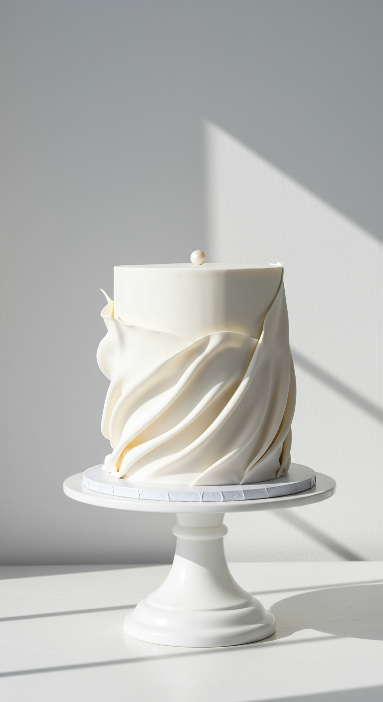 Einstöckige weiße Torte auf weißem Tortenständer, umhüllt von einer eleganten Fondant-Drapierung.