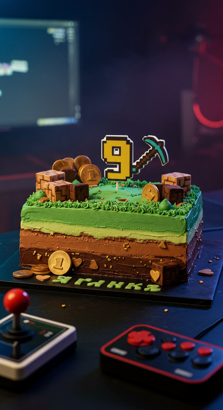 Quadratische Minecraft-Torte mit Erd- und Gras-Schichten, Pixel-Neun und Spitzhacke.