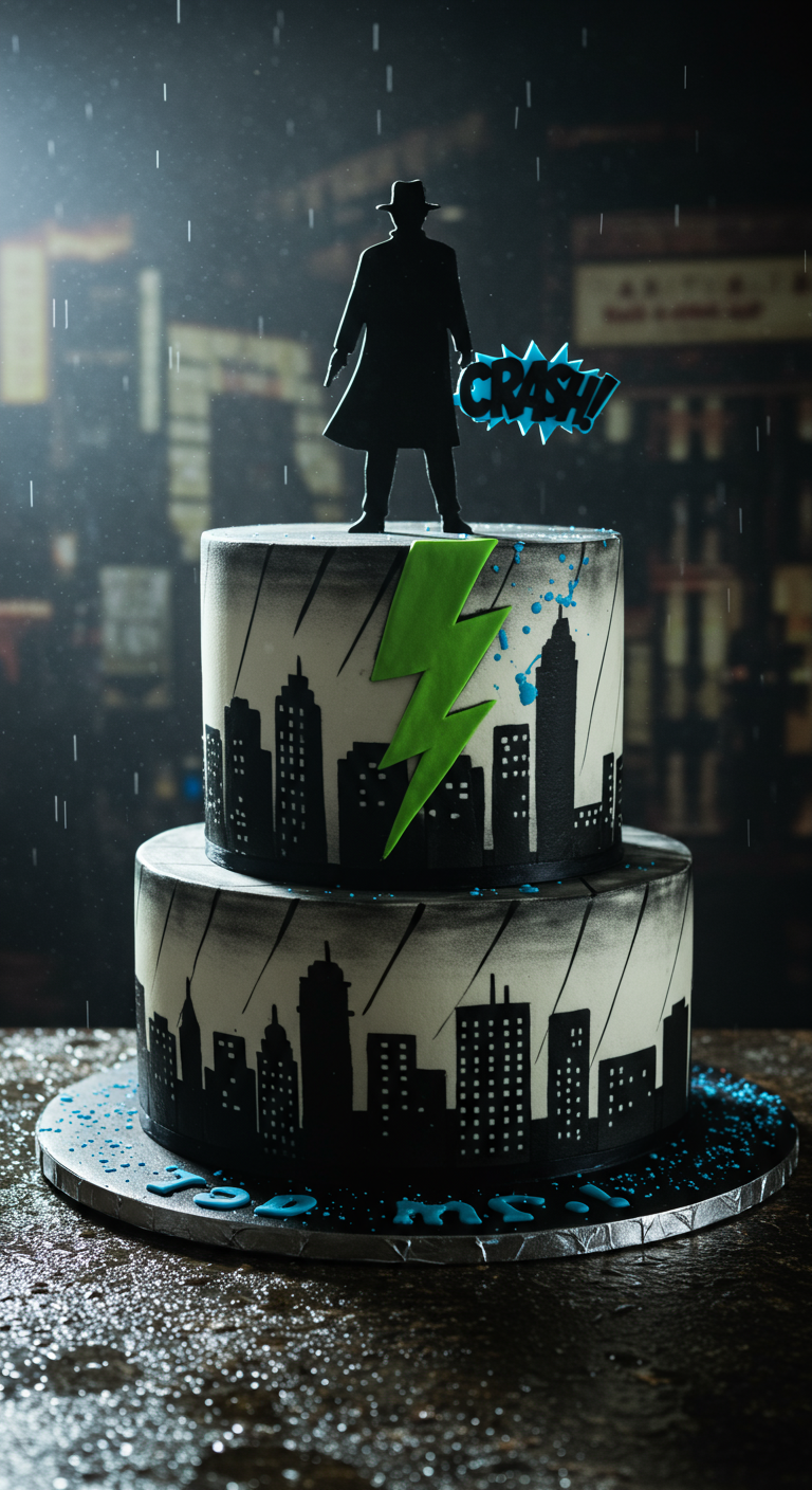 Zweistöckige Torte mit schwarzer Skyline, Blitz und Detektivfigur.