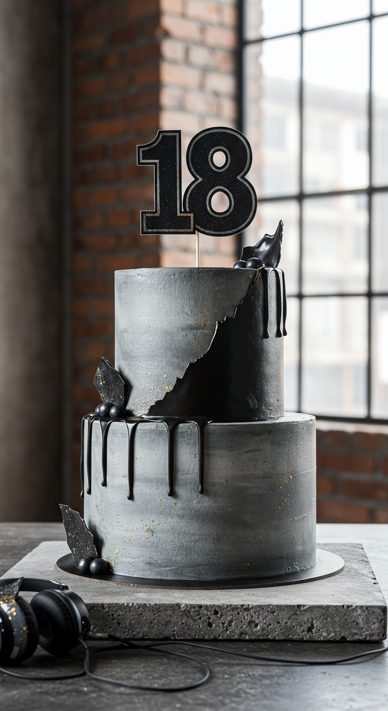 Zweistöckige graue Torte mit schwarzen Drips, Schokostücken und