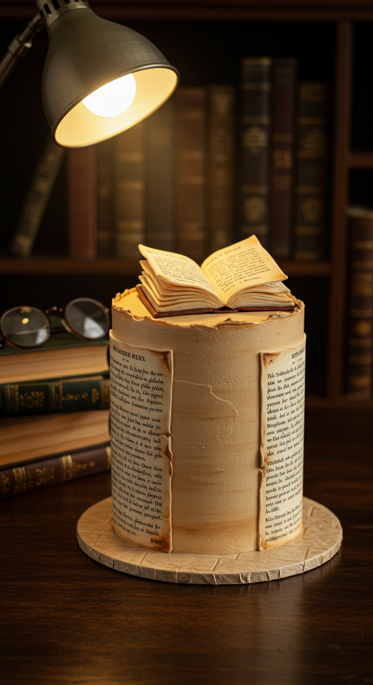 Torte in Buchform mit aufgeschlagenen Seiten und einem Miniaturbuch als Topper, beleuchtet von einer Lampe.