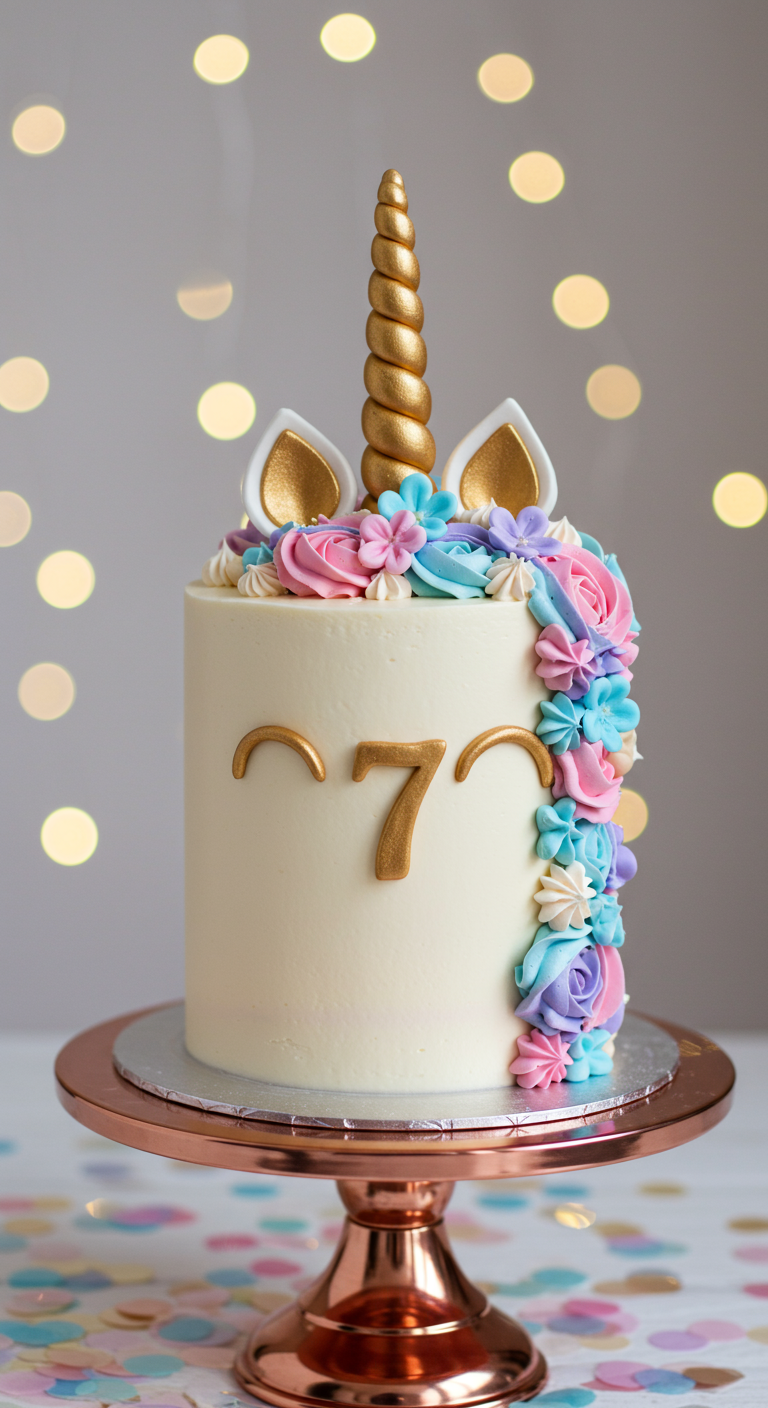 Weißer Einhornkuchen mit goldenem Horn, Ohren und bunter Blumenmähne.