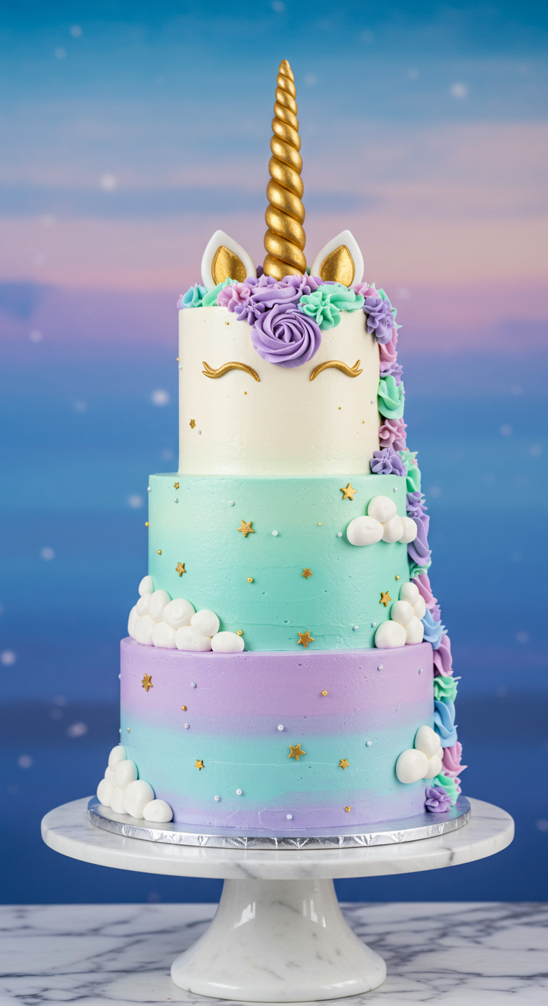 Dreistöckige Einhorn-Torte in Pastellfarben mit goldenem Horn