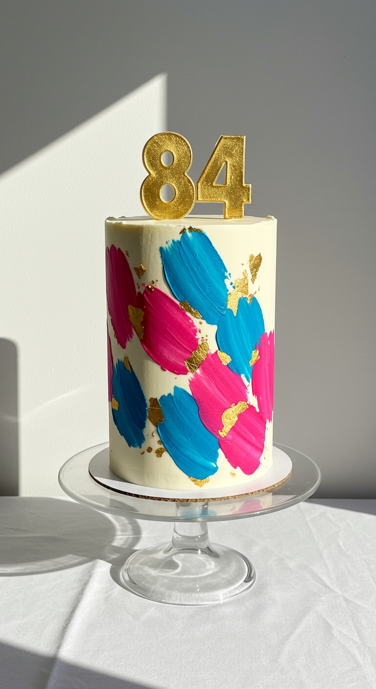 Weiße Torte mit abstrakten Pinselstrichen in Pink und Blau, goldenen Akzenten und Zahl 84.