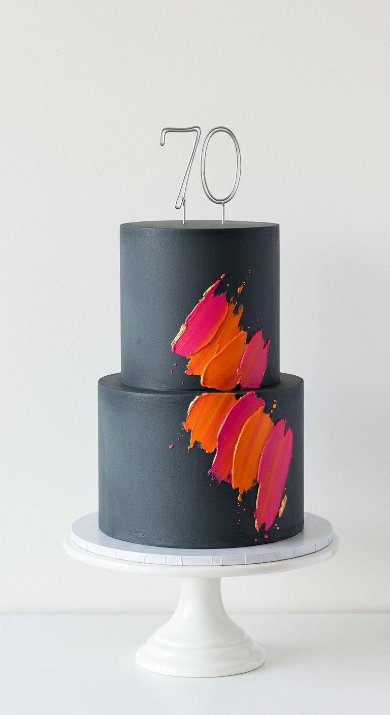 Zweistöckige dunkelgraue Torte mit leuchtend pinken und orangen Pinselstrich-Akzenten.