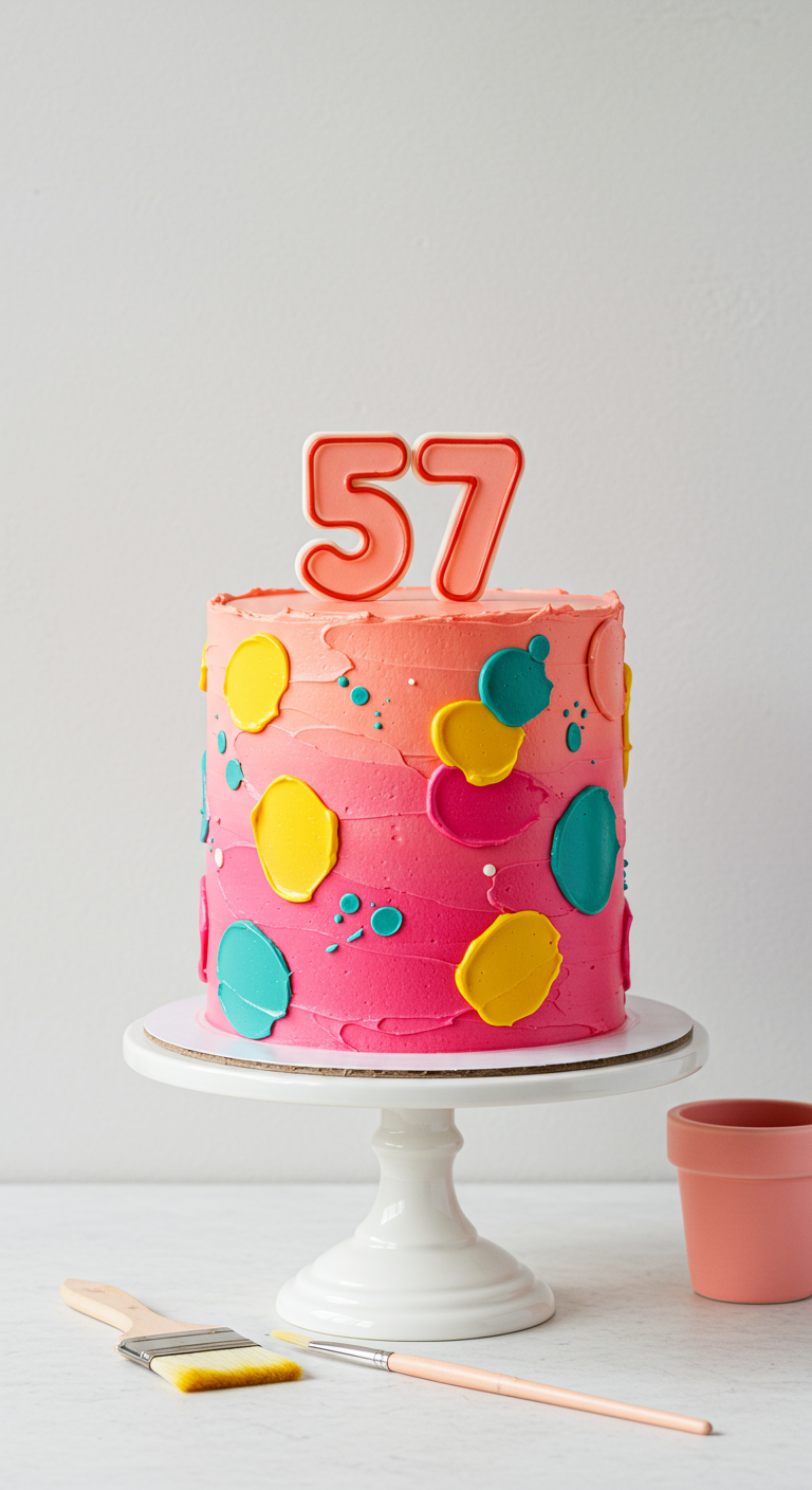 Rosa-orange Ombré-Torte mit bunten Farbklecksen und Zahl 57.