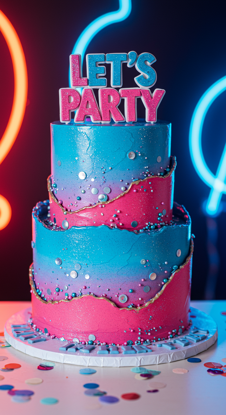 Zweistöckige Torte mit pink-blauem Farbverlauf, Streuseln und 'Let's Party' Topper.