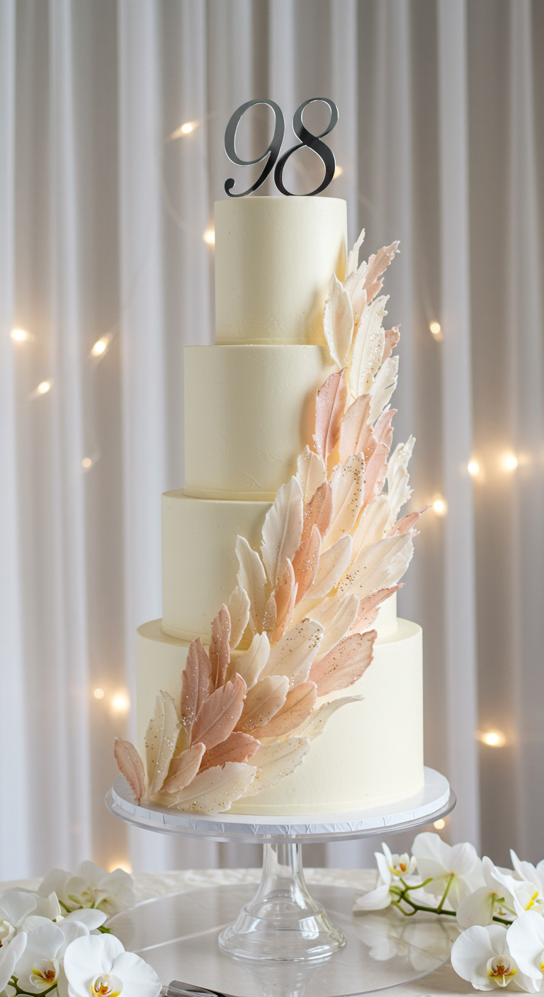 Hohe weiße Torte mit federartigen Dekoelementen in Rosa und Zahl 98.