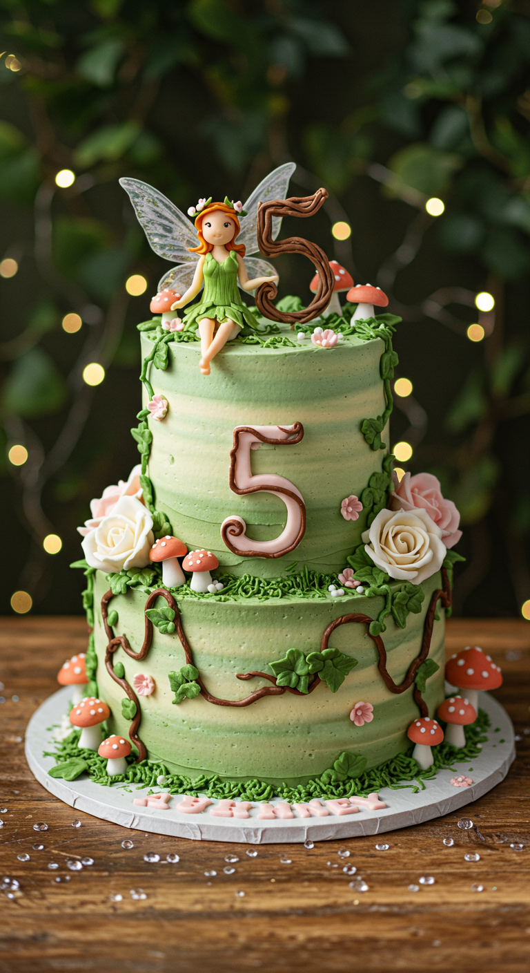 Zweistöckige Feen-Torte mit grüner Buttercreme, Zuckerblumen, Pilzen und Feen-Figur.