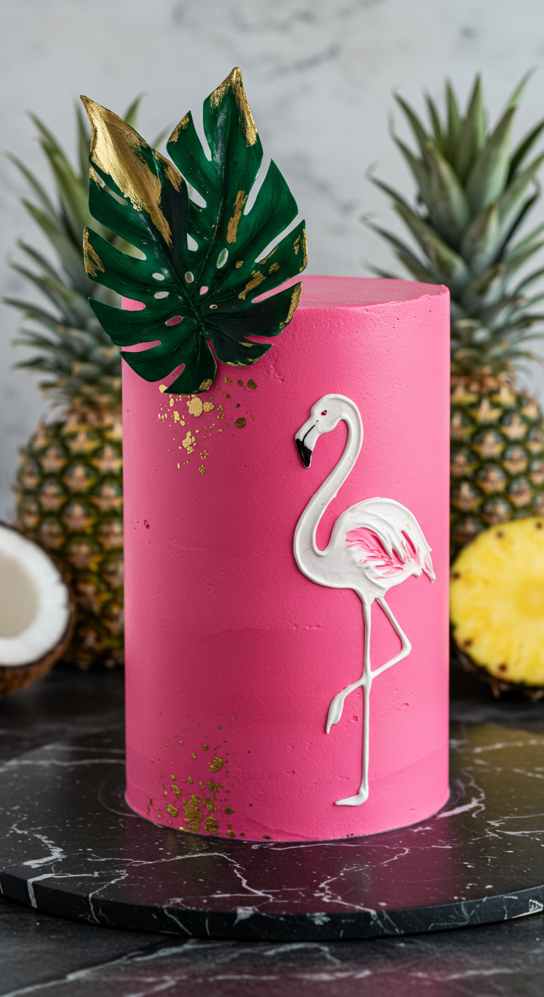 Hohe pinke Torte mit weißem Flamingo-Relief und goldenem Monstera-Blatt.