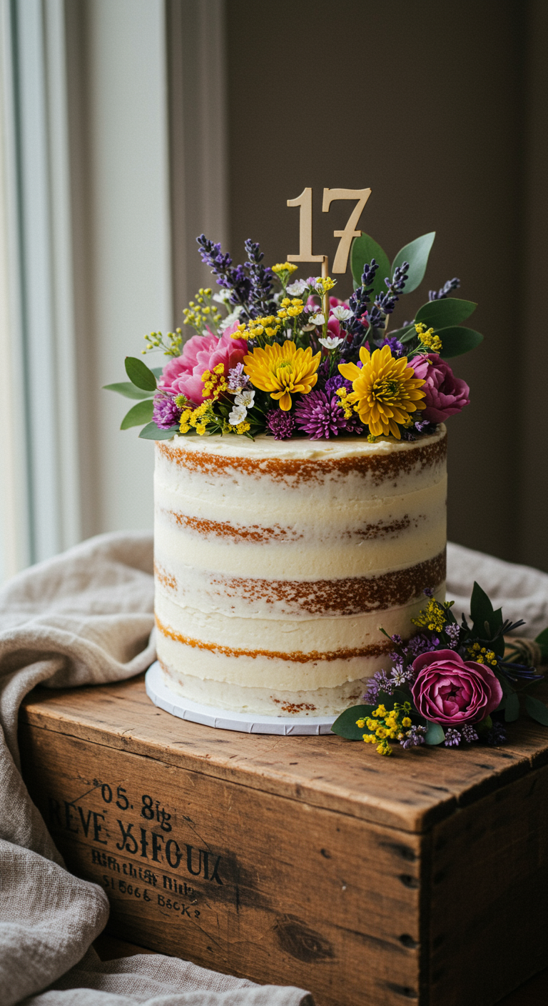 Naked Cake mit frischen bunten Blumen und Zahl 17 auf Holzkiste.